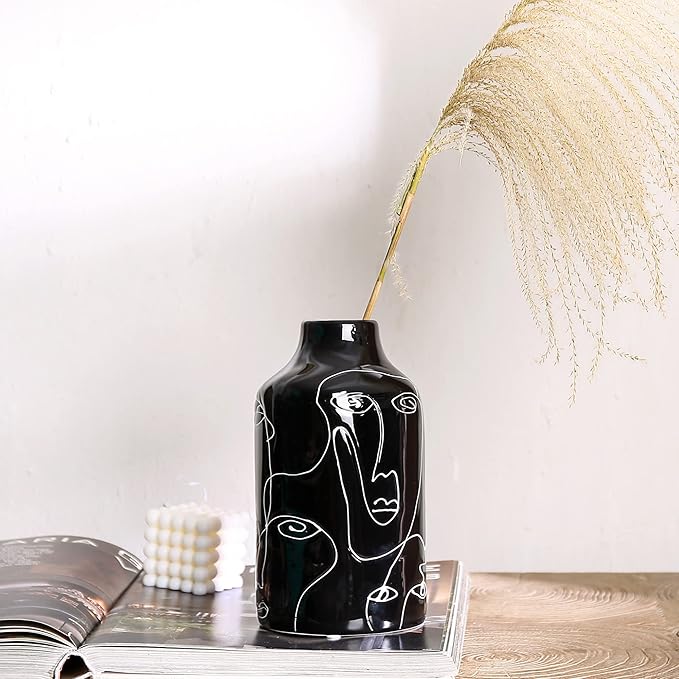 Kimdio Ceramic Vase Irregular face Design Decorative Flower Vase for Home Decor Living Room, Home, Office, Centerpiece,Table and Wedding B-Black