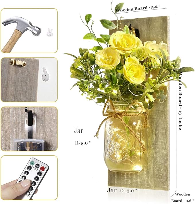 Wall Decor Mason Jar Sconces - Rustic Farmhouse Home Decor with Remote Control Wall Lights and Yellow Rose for Bedroom Wall Decor Living Room Kitchen Decorations Set of Two