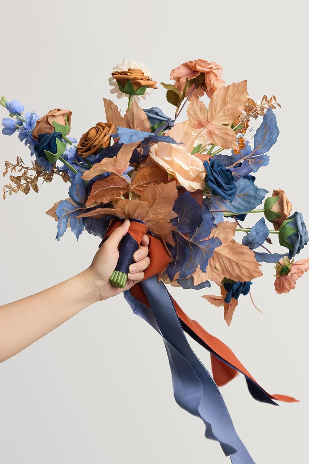 Ling's moment Blue and Orange Wedding Bouquets for Bride, Navy Orange Bridal Bouquets for Bride, 13 Inch Free Form Artificial Wedding Flowers Bouquets