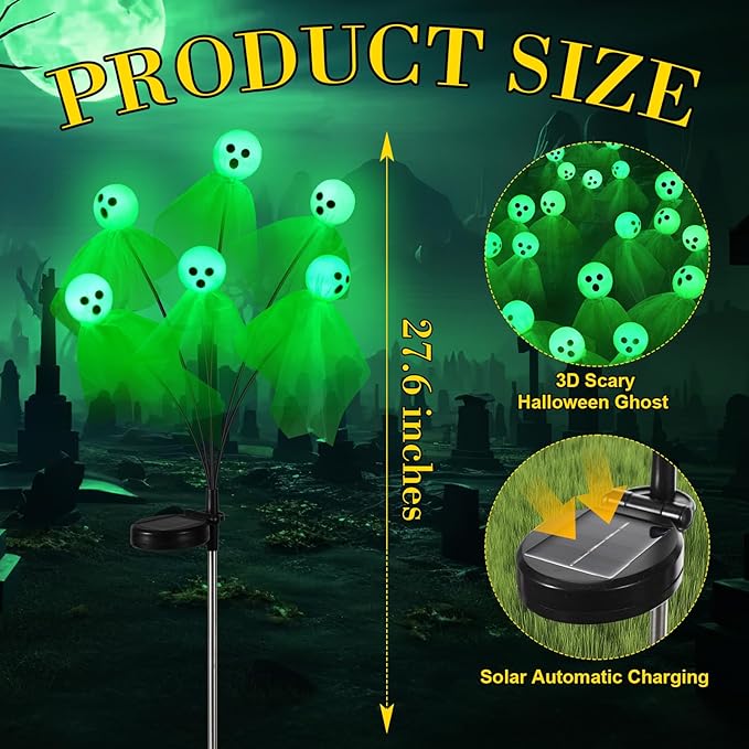 VIHOSE 2 Packs Halloween Solar Lights Outdoor 12 LED Solar Ghost Pathway Lights Waterproof Spooky Ghost Path Light Outdoor Halloween Decorations for Outside Garden Lawn Yard Decors (Green)