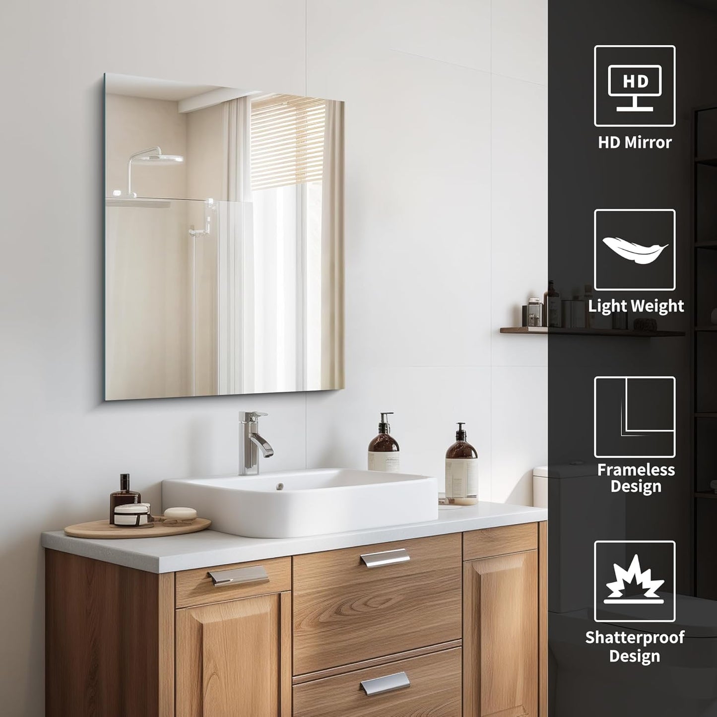 Frameless Mirror, 24x30 Inch Bathroom Mirror for Wall, Rectangle Bathroom Vanity Mirrors with Polished Edge, Hangs Horizontally or Vertically for Bathroom, Bedroom and Living Room