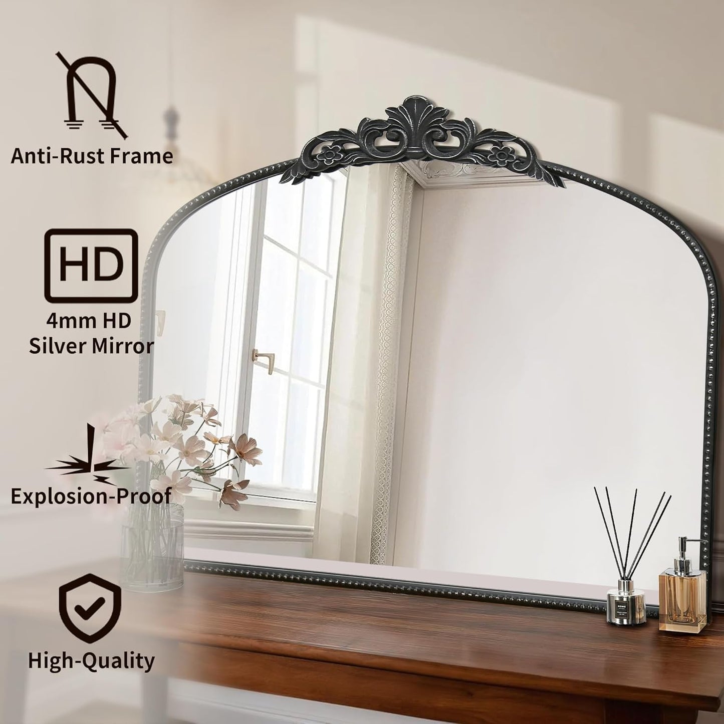 Micasso Large Vintage Black Mirror: 40" x 30" French Baroque Antique Mirror - Traditional Ornate Decorative Arched Mirrors for Wall/Bathroom/Entryway/Fireplace/Hallway - Home Decor for Living Room