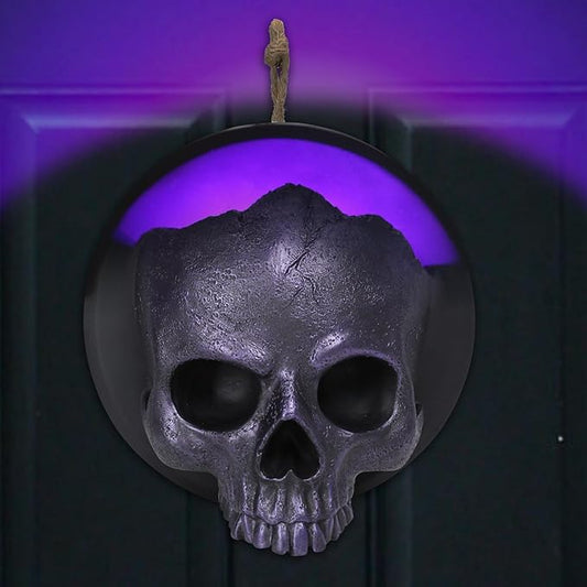WONDER GARDEN 7.68 inch Halloween Skull Hanging Wall Decorations Light up Resin Purple Gothic Skeleton Halloween Creepy Sculptures for Indoor Outdoor Office Horror Home Wall Decor