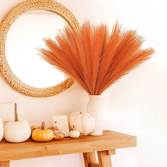 50pcs Burnt Orange Faux Pampas Grass Decor, 21.6" Short Artificial Fall Pompous Grass Floral Fake Orange Pompas Grass Branches Vase Filler Flower Arrangement for Home Wedding Fall Decor