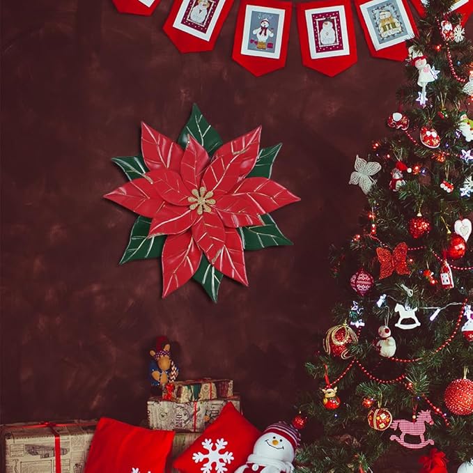 YEAHOME Chrismas Wall Decorations Indoor - 16 inch Metal Flower Wall Art Decor, Poinsettia Yard Garden Decor Hanging for Kitchen, Bathroom, Bedroom, Handmade Gift for Home, Indoor or Outdoor