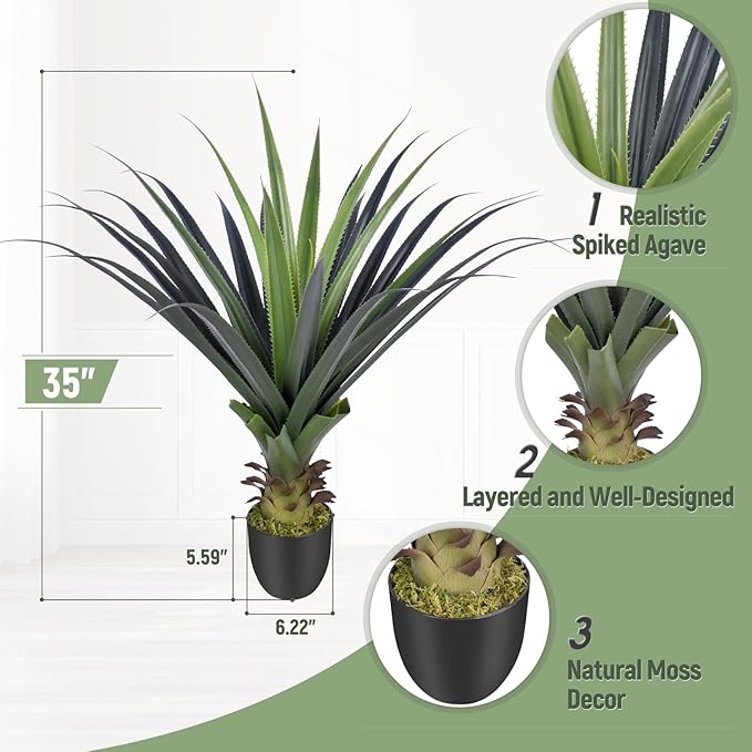 3ft Artificial Spiked Agave Plant, 36" Faux Agave Plants Indoor Small Floor Plant Perfect for Front Porch, Patio, Indoor Outdoor Home, Office Decor 1pcs