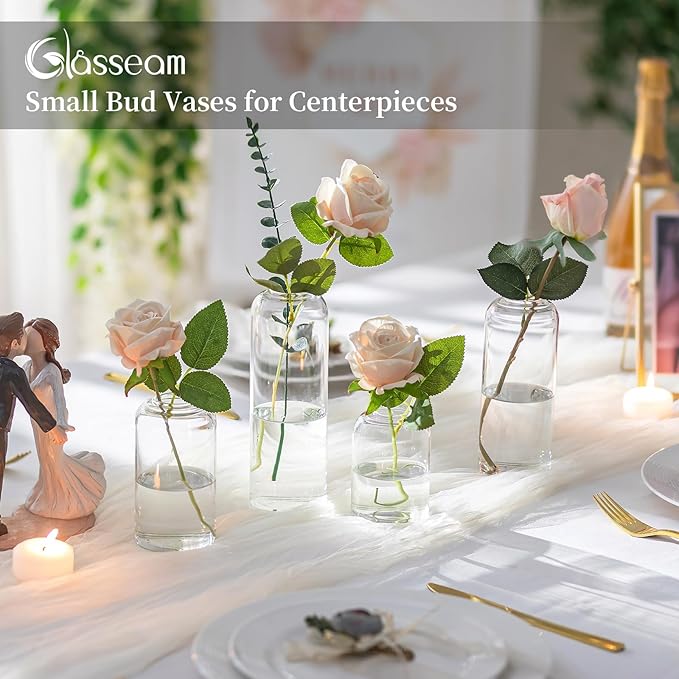 Glasseam Glass Bud Vase for Centerpieces, 12pcs Small Flower Vase in Bulk for Single Rose Bouquet, Modern Minimalis Clear Table Centerpieces for t Wedding Party Living Room Bathroom Kitchen Home Decor