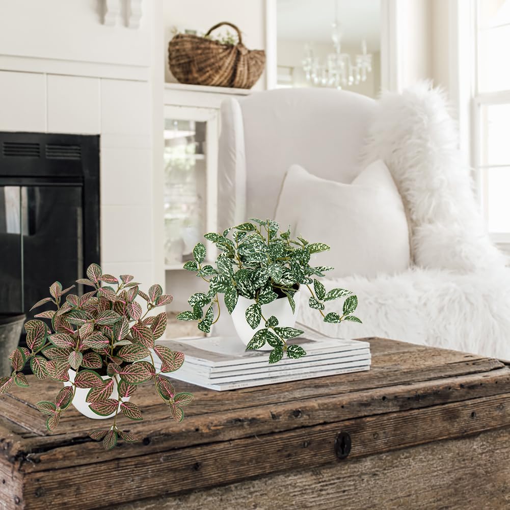 Hollyone Fake Plants 2 Packs Artificial Plants Indoor Faux Plants with White Plastic Pot Small Fake Potted Plant for Home Aesthetic Living Room Bathroom Desk Shelf Office Decor