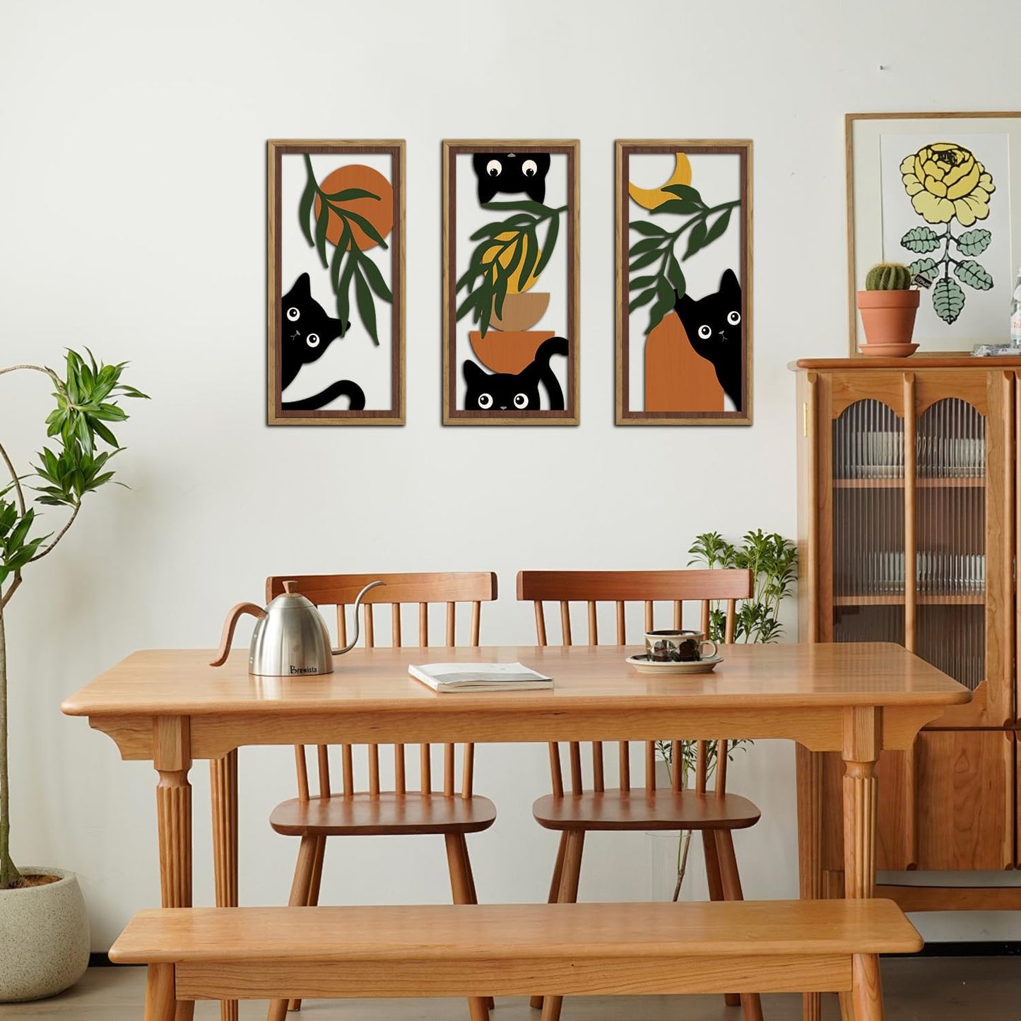 KAIRNE Boho Black Cat Wall Art,Green Leaves Wood Wall Decor Set of 3(16”X8”),Farmhouse Geometric Wooden Cat Wall Decor,Mid-Century Bohemian Moon Sun Design for Friends Family Bedroom Living Room Decor