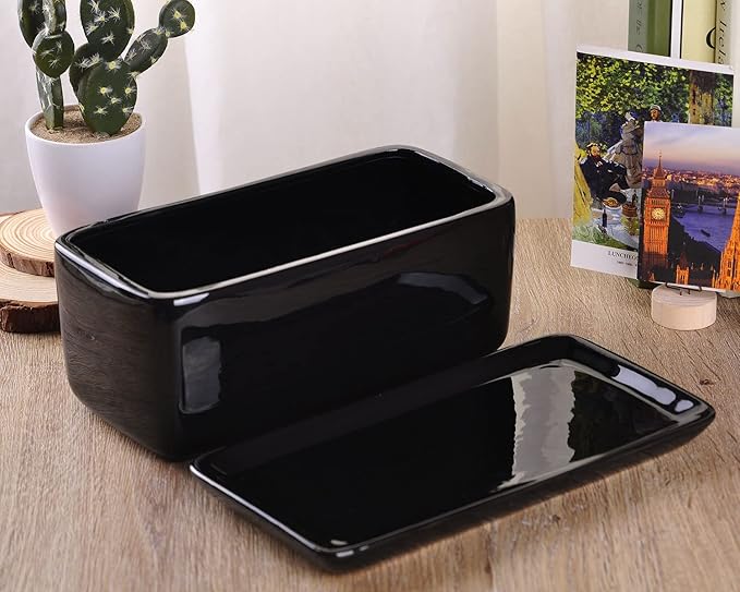VanEnjoy 10 Inch Black Rectangle Ceramic Succulent Planter Pot Decorative Cactus Plant Pot Flower Container with Ceramic Tray