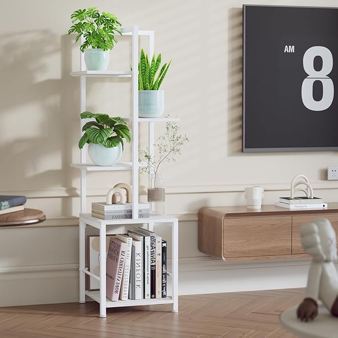 Plant Stand Indoor with Grow Light, 5-Tiered Tall Plant Stand Indoor, Metal Plant Shelf with Bookshelf Bookcase and Adjustable Light, Ideal for Living Room, Reading room, Garden, Patio (white)