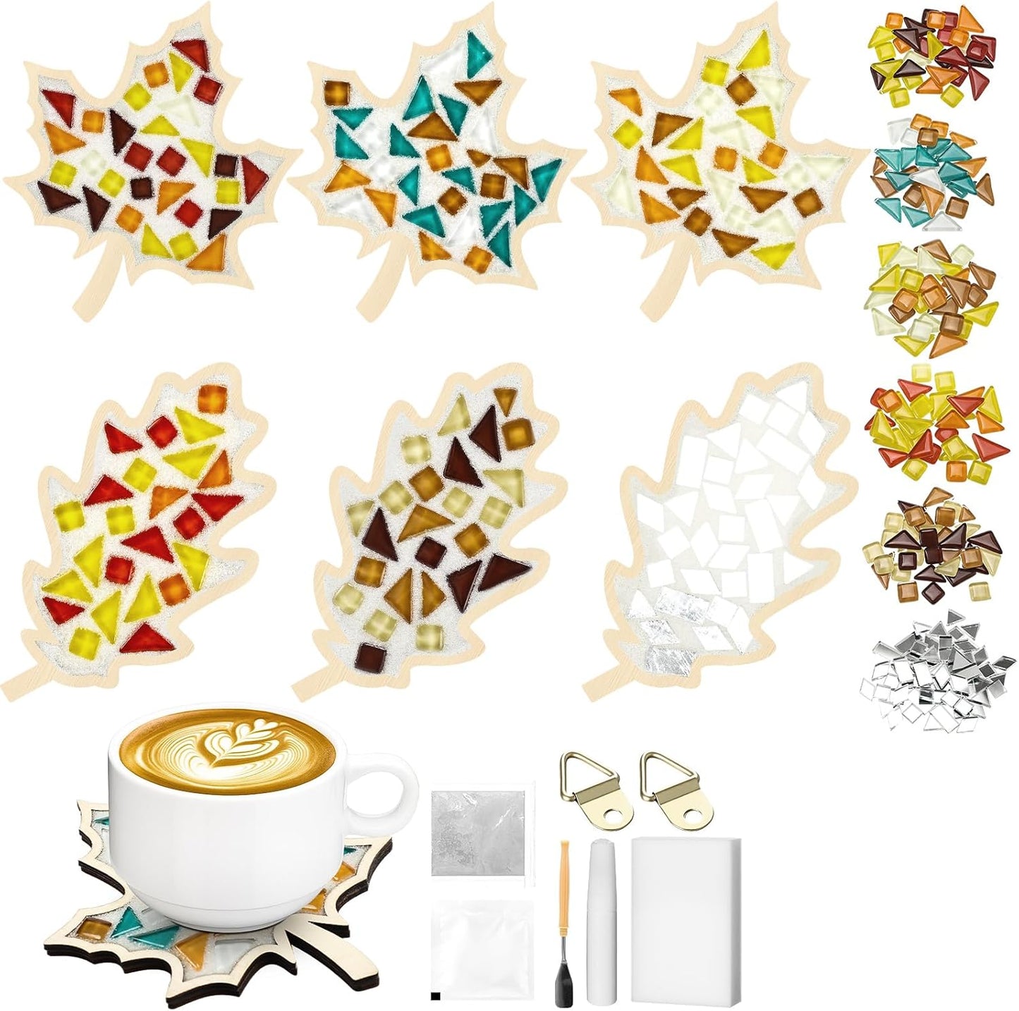Honeydak 6 Sets DIY Glass Mosaic Tiles with 6 Wooden Coasters Making Mosaic Crafts Material Package Mixed Stained Glass for Handmade Colorful Home Decor Gift Indoor(Maple Leaf,Autumnal Color)