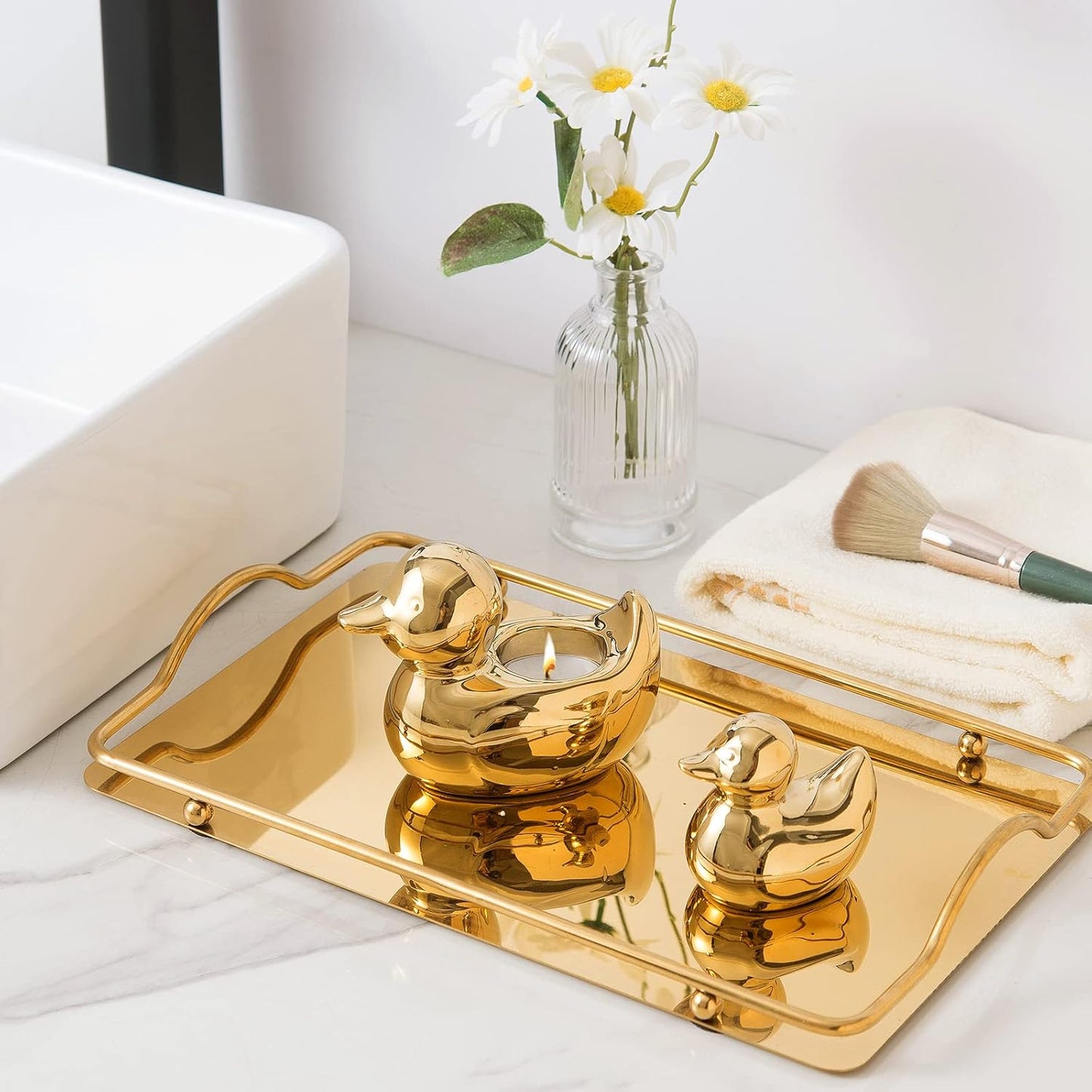 Home Decor Golden Ceramic Duck Figurines, Home Decor Animal Sculptures and Statues Handmade Artware Decor, Mini Duck