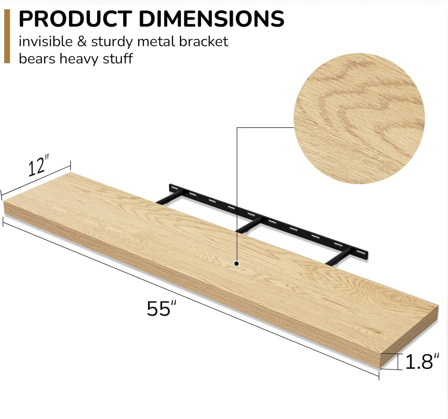 Fun Memories Floating Shelves - 12 Inch Rustic Wooden Wall Shelves - Extra Deeper & Thicker Wall Mounted Storage Shelf for Living Room, Kitchen, Farmhouse - 55" W x 12" D x 1.8" H - Oak