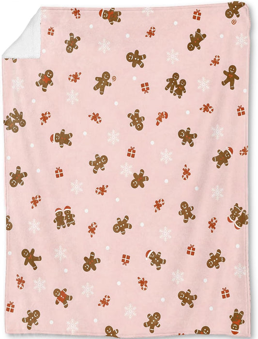Gingerbread Man Christmas Decorative Throw Blanket,Candy Snowflake Print Decoration,Flannel Winter Pink Blankets for Couch Sofa,Holiday Decor,Xmas Festival Gifts for Girls Kids 60x80 Inch