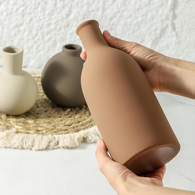 Vase Set of 3 | Ceramic Neutral Vases Home Decor | Rustic Flower Pottery Vases Modern Farmhouse Vase for Table Entryway Mantel Centerpiece Bookshelf Living Room Bathroom Bedroom -Brown Large