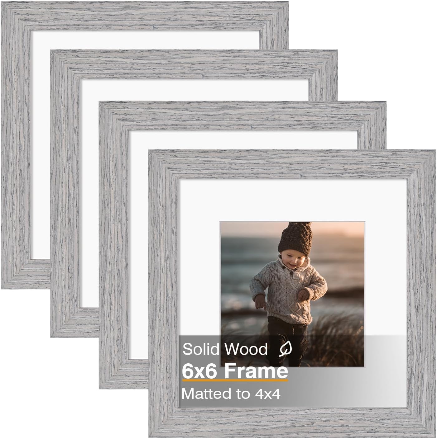 KINLINK 6x6 Picture Frame, Grey Square Solid Wood Frames for Pictures 4x4 with Mat or 6x6 without Mat, Wall and Tabletop Display Photo Frames Grey Wood 4 Pack
