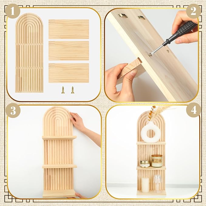 Geetery 2 Pcs Arch Wood Floating Shelf Mid Century Rainbow Wall Shelves Modern Boho Wall Shelf Retro Mounted Wood Arch Decor for Bedroom Living Room Classroom Bathroom Display(3 Tier)