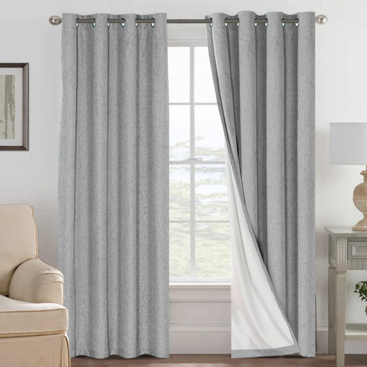 H.VERSAILTEX Linen Blackout Curtains 84 Inches Long, 100% Absolutely Blackout Thermal Insulated Textured Linen Look Curtain Draperies Anti-Rust Grommet with White Liner, 2 Panels, Dove Gray