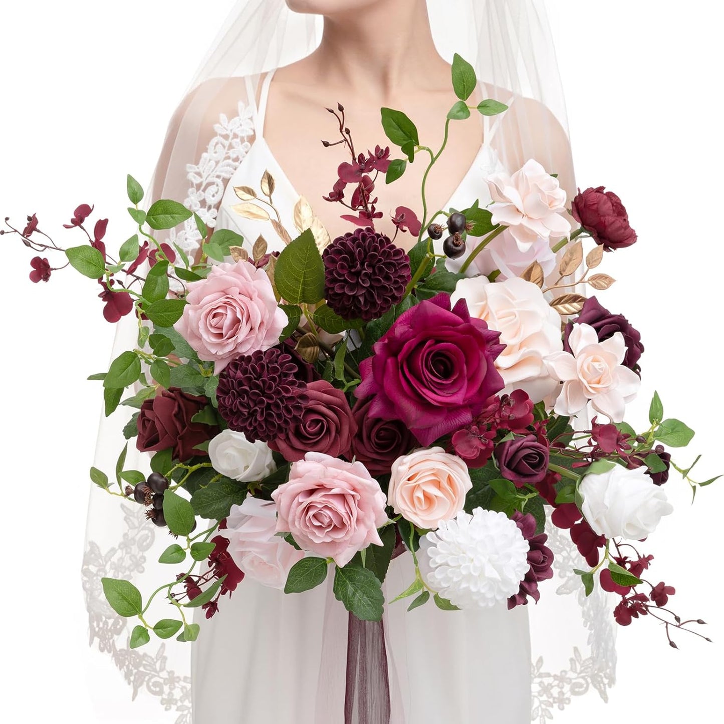 Ling's moment Burgundy Wedding Bouquets for Bride, Marsala Bridal Bouquets for Bride, 17 Inch Free Form Artificial Wedding Flower Bouquet