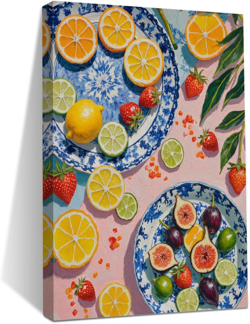 Italy Lemon Wall Art, Citrus Fruit Botanical Still Life Oil Painting Canvas Framed Prints Modern Decorations, Summer Aesthetic Theme Poster for Living Room Dining room Entryway Farmhouse