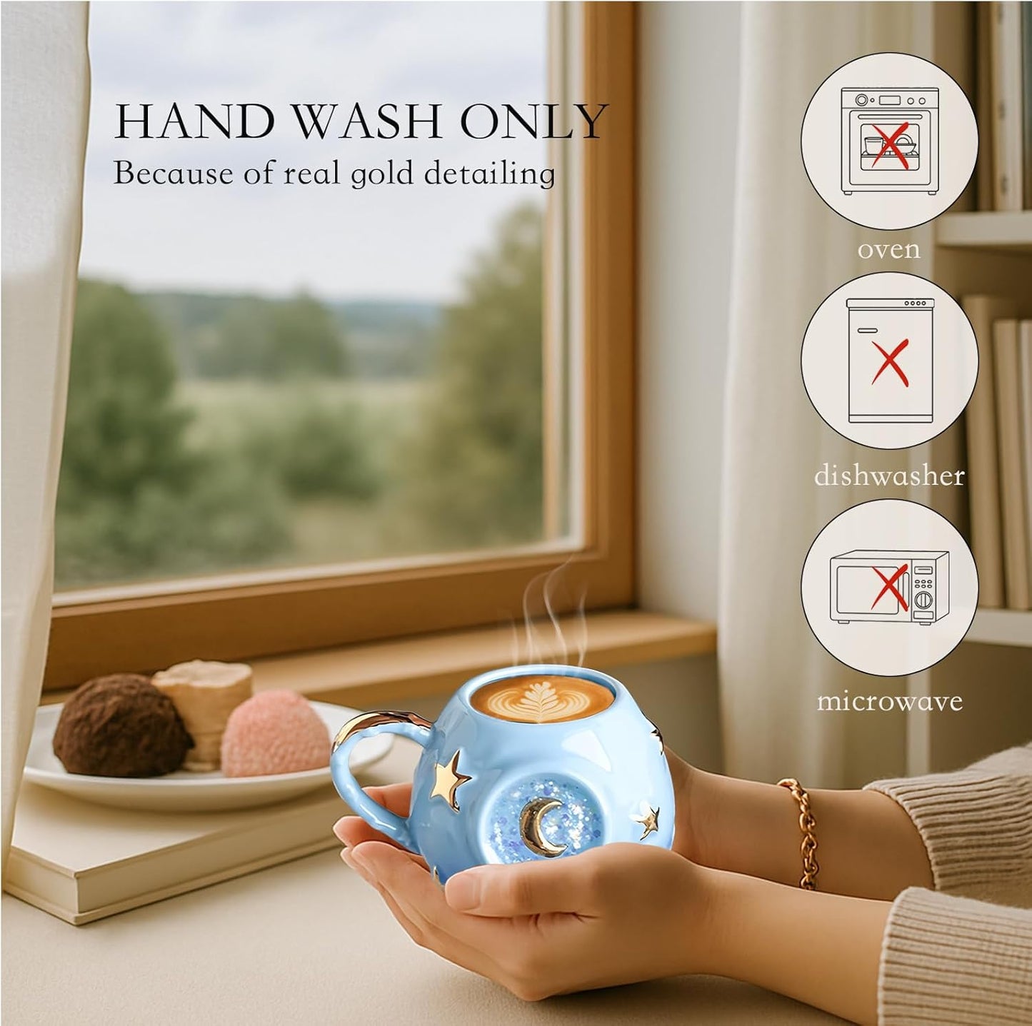 Handmade Coffee Cup 400ML with Fancy Tarot Star/Moon Design, Fashion Starry Sky Ice Coffee Cup, Gradient Pink Pottery Tea Cup for Home/Office (blue)