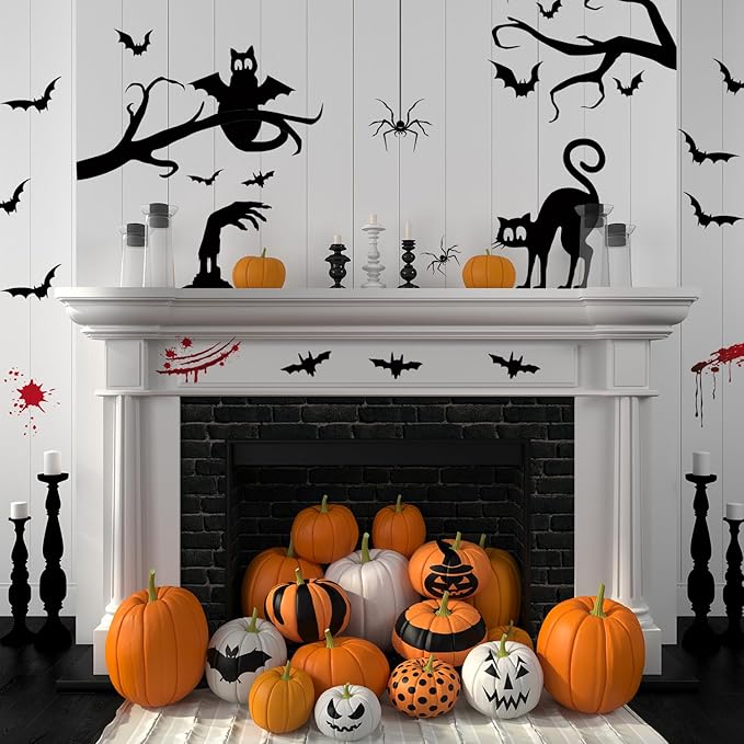 HLNIUC Gothic Style Halloween Wall Decal 45PCS Halloween Bloody Handprint Footprint Scary Indoor Decoration Horrible Bat Cat Halloween Window Clings Happy Halloween Room Wall Stickers for Kid Bedroom