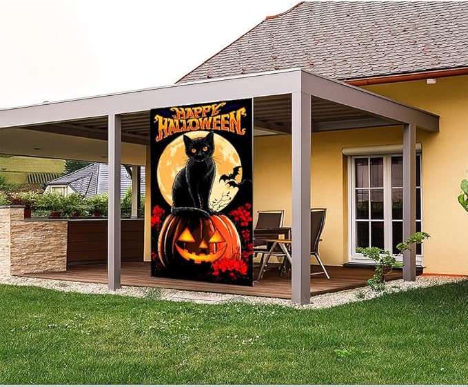 Halloween Door Banner Moonlit Night Black Cat Double Bat Spooky Decoration 71x35 Inches