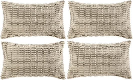 Fancy Homi 4 Packs Taupe Decorative Throw Pillow Covers 12x20 Inch for Living Room Couch Bed, Rustic Modern Farmhouse Boho Home Decor, Soft Plush Corduroy Cute Square Accent Cushion Case 30x50 cm