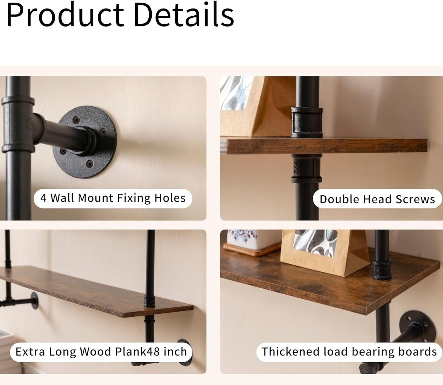 Industrial Pipe Shelving 48inch Wall Mounted, Rustic Floating Shelves with Wood Shelf, 2 Tier Farmhouse Bathroom Shelves Over Toilet, Industrial Pipe Shelf for Kitchen, Living Room Decor
