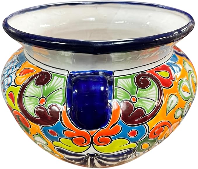 Talavera Michoacana Planter XL Pot Folk Art Multicolor Mexican Pottery Home Decor Hand Painted Garden Indoor Handmade Outdoor 18.5" (Cobalt Multicolor Blue)