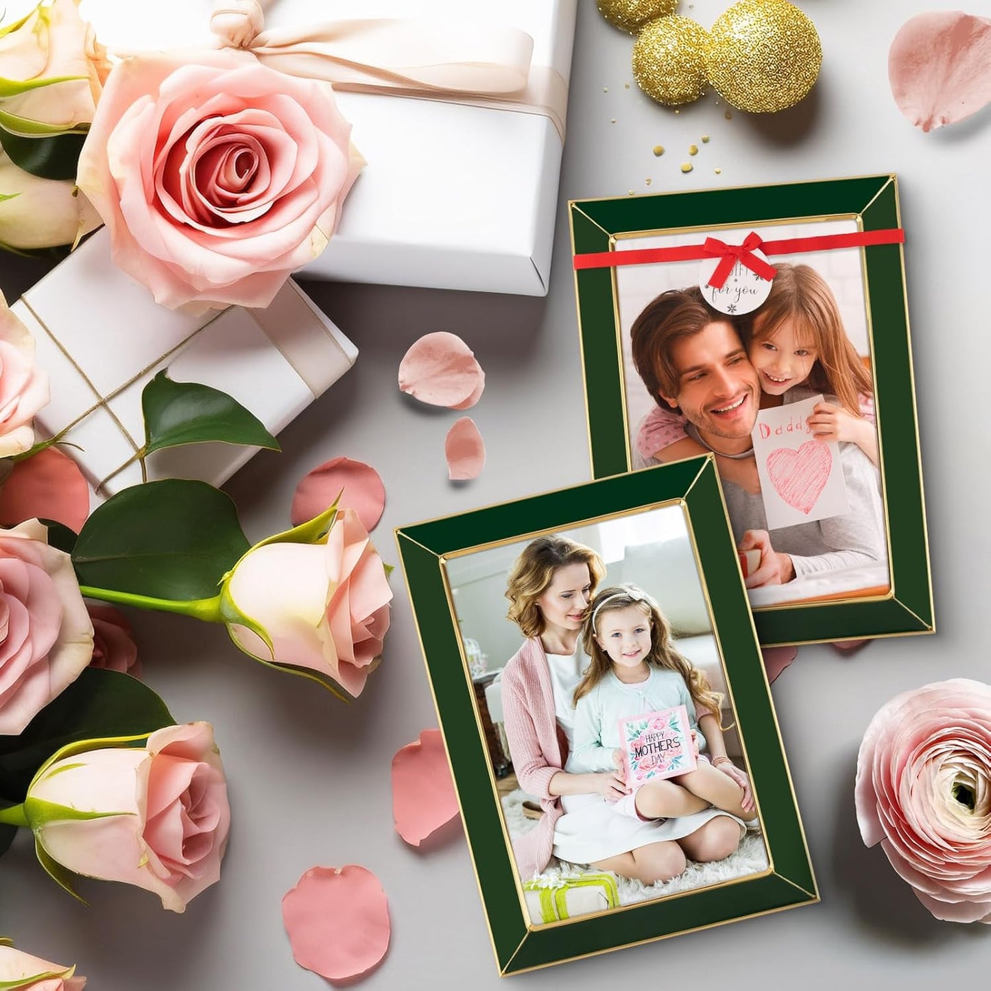 Frametory Enamel Picture Frame - 4x6 Gold Metal Edge Green Enamel Picture Frame With Easel and Velvet Back for Tabletop Display, Bookshelf, 4x6 Wall Decoration, Photo Frames-2 Set