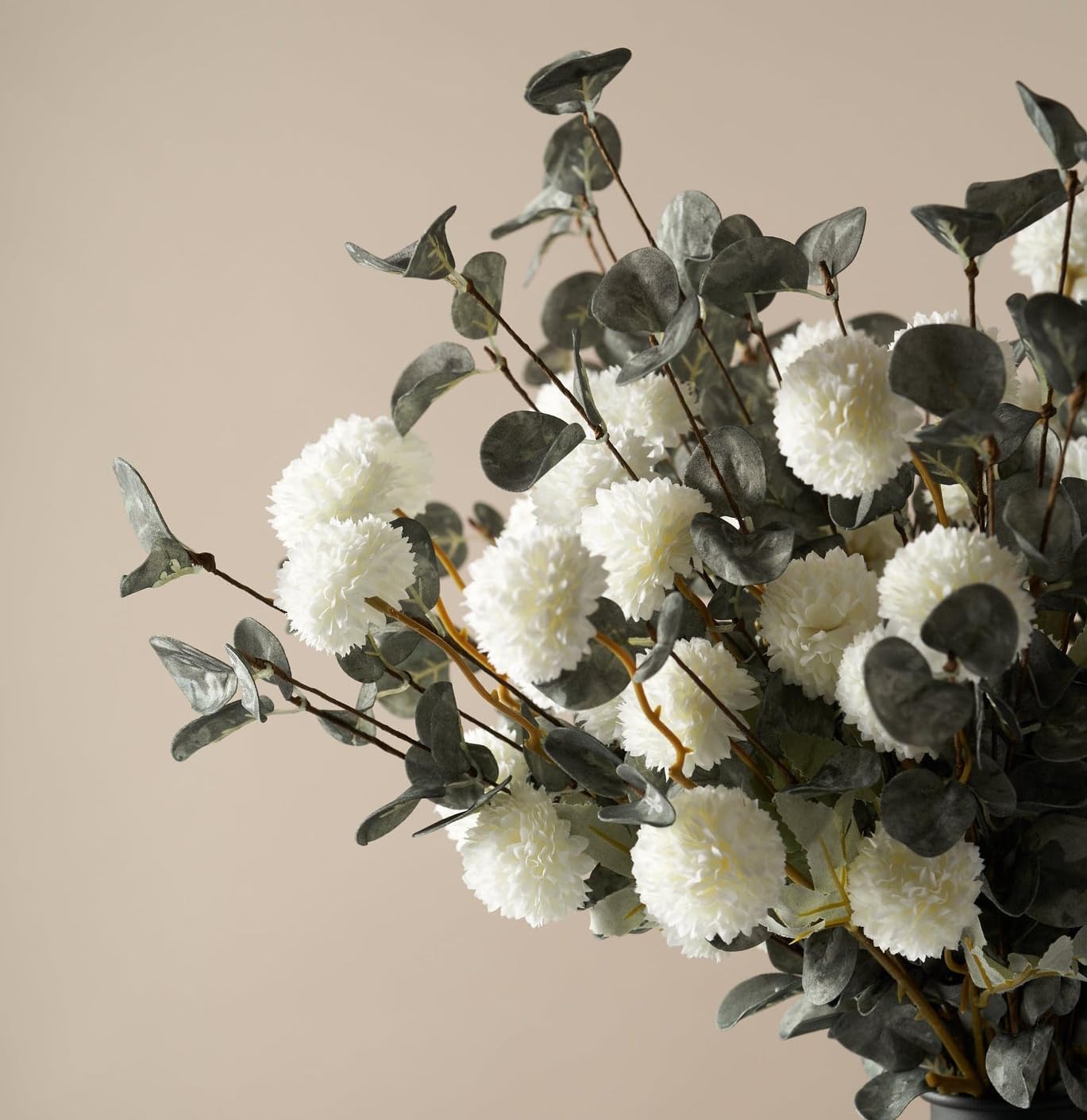 Laelfe 10 Kiku Flowers + 5 Large Eucalyptus Bunches, Silk Fake Pompon Mums (Ball Flower Stems) - Decor for Home, Wedding Filler, Centerpieces & Shower Arrangements