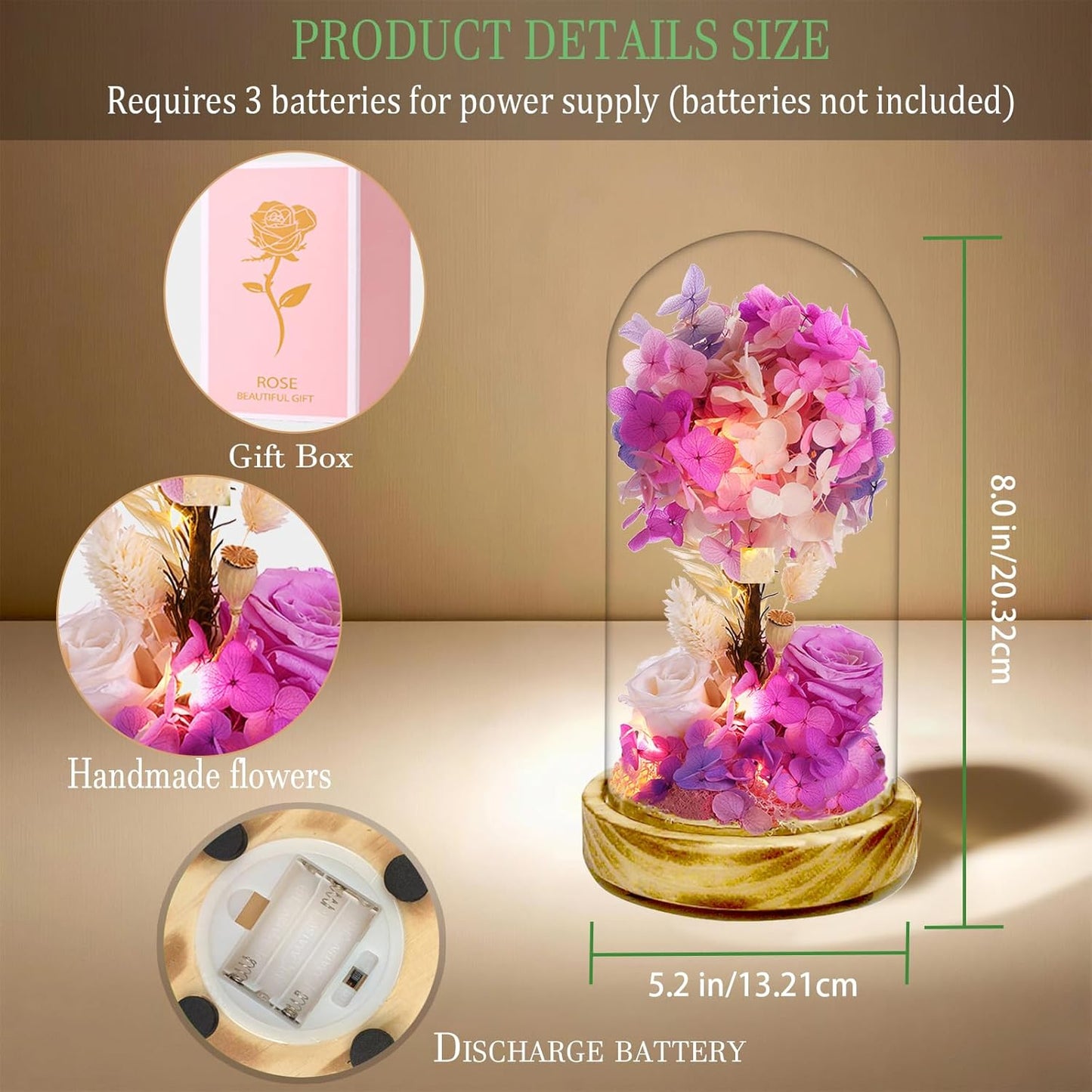 dranmoner LED Illuminated Glass Dome with Preserved Pink Roses and Hydrangeas, 8 Inch Height, Battery Powered Floral Display with Wooden Base