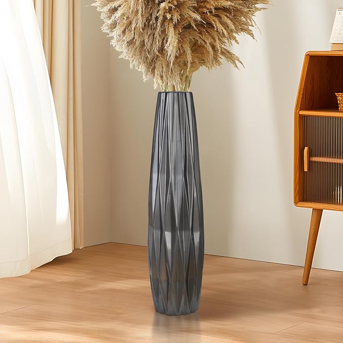 Silvery Ceramic Tall Floor Vase,28 Inch Large Modern Flower Vases for Home Décor,Wicker Big Floor Vase Decorations for Farmhouse, Living Room,Bedroom,Standing Plastic Vase Decorative Tall