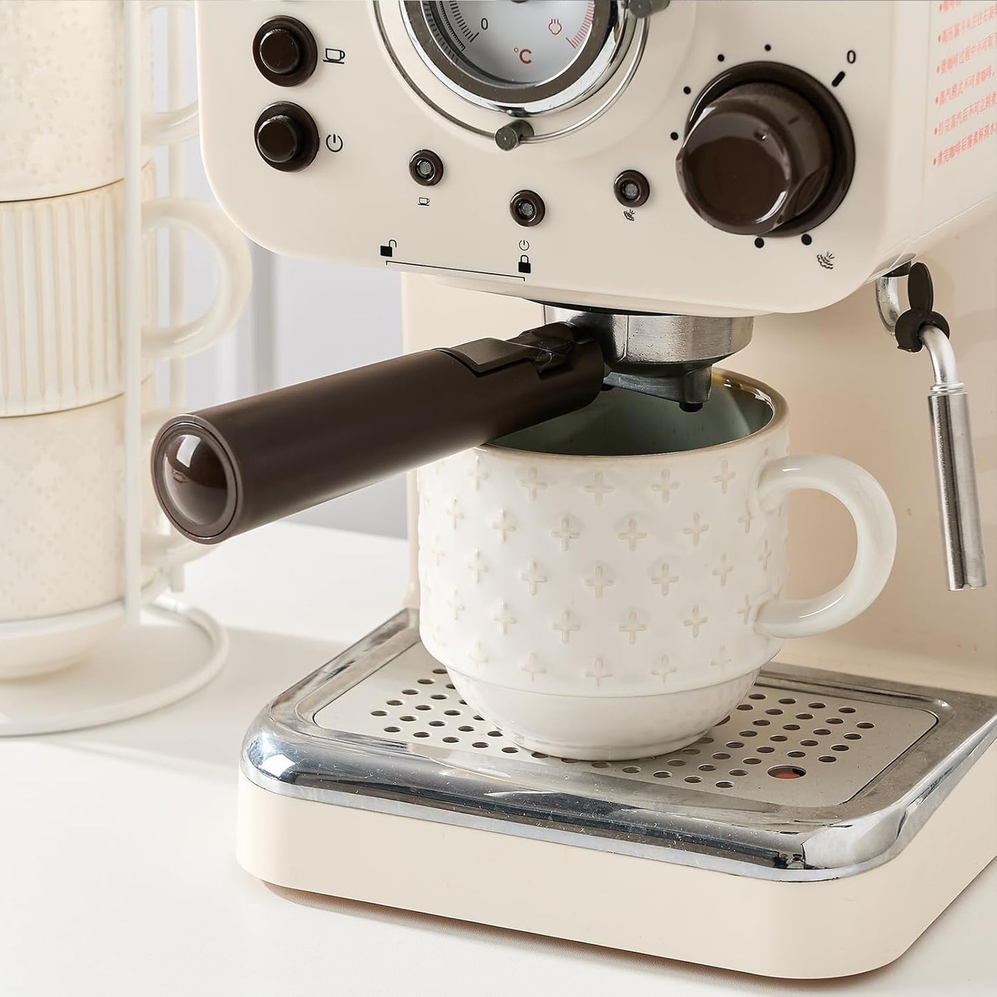 JIEMEI HOME Large Ceramic Coffee Mug Set of 4 with Stand, 15 Oz Stackable Different Embossment Ribbed Latte Cup Set for Cappuccino, Tea, Hot Cocoa, Drinks - Dishwasher & Microwave Safe, White & Green