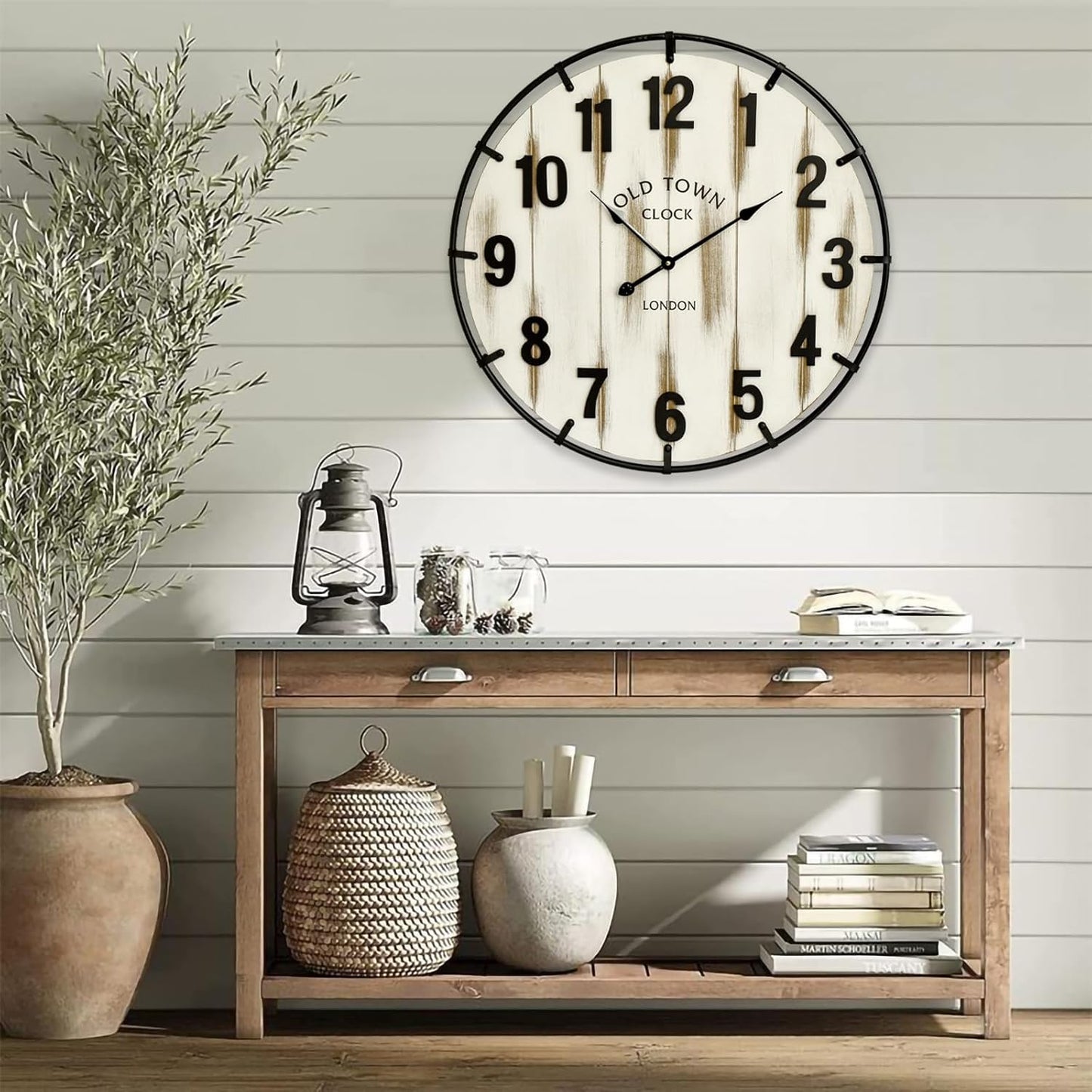 Farmhouse White 30 Inch Wooden Large Wall Clock, Silent Non-Ticking Quartz Movement, Battery Operated Modern Rustic Clock for Living Room, Kitchen, Office, Home Decor