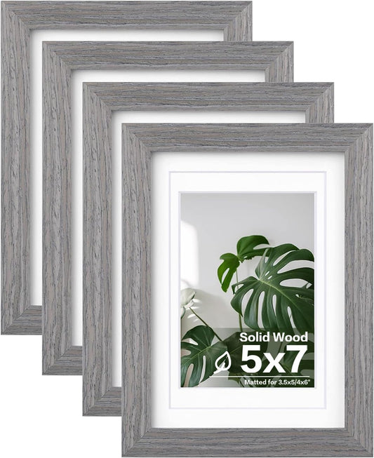 Egofine 5x7 Picture Frames Set of 4, Made of Solid Wood Covered by Plexiglass 3.5x5 and 4x6 with Mat or 5x7 without Mat, for Table Top Display and Wall Mounting Photo Frame Light Grey