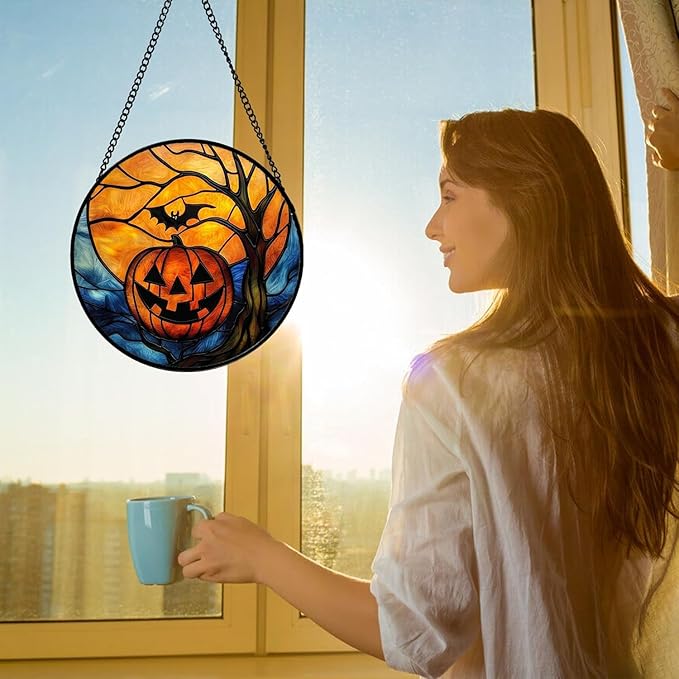 Stained Glass Window Hanging, Pumpkin Bat Moon Tree Suncatcher for Doors Home Sun Catchers Decoration and Christmas, Mother's Day Birthday Gifts for Women, Men, and Mom 11.8x11.8 in