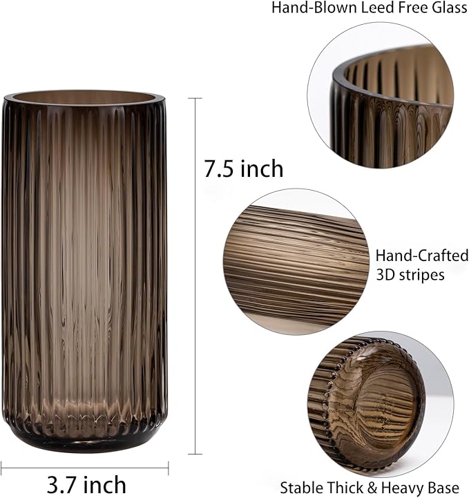 Ekirlin Amber 7.5 inch Flower Vase for Home Decor, Thickened Hand Blow Glass Vase Round Vintage Striped Bottles for Bookshelf,Dinner Table,Indoor Office Desktop,Meeting Room,Bathroom, Best Gift