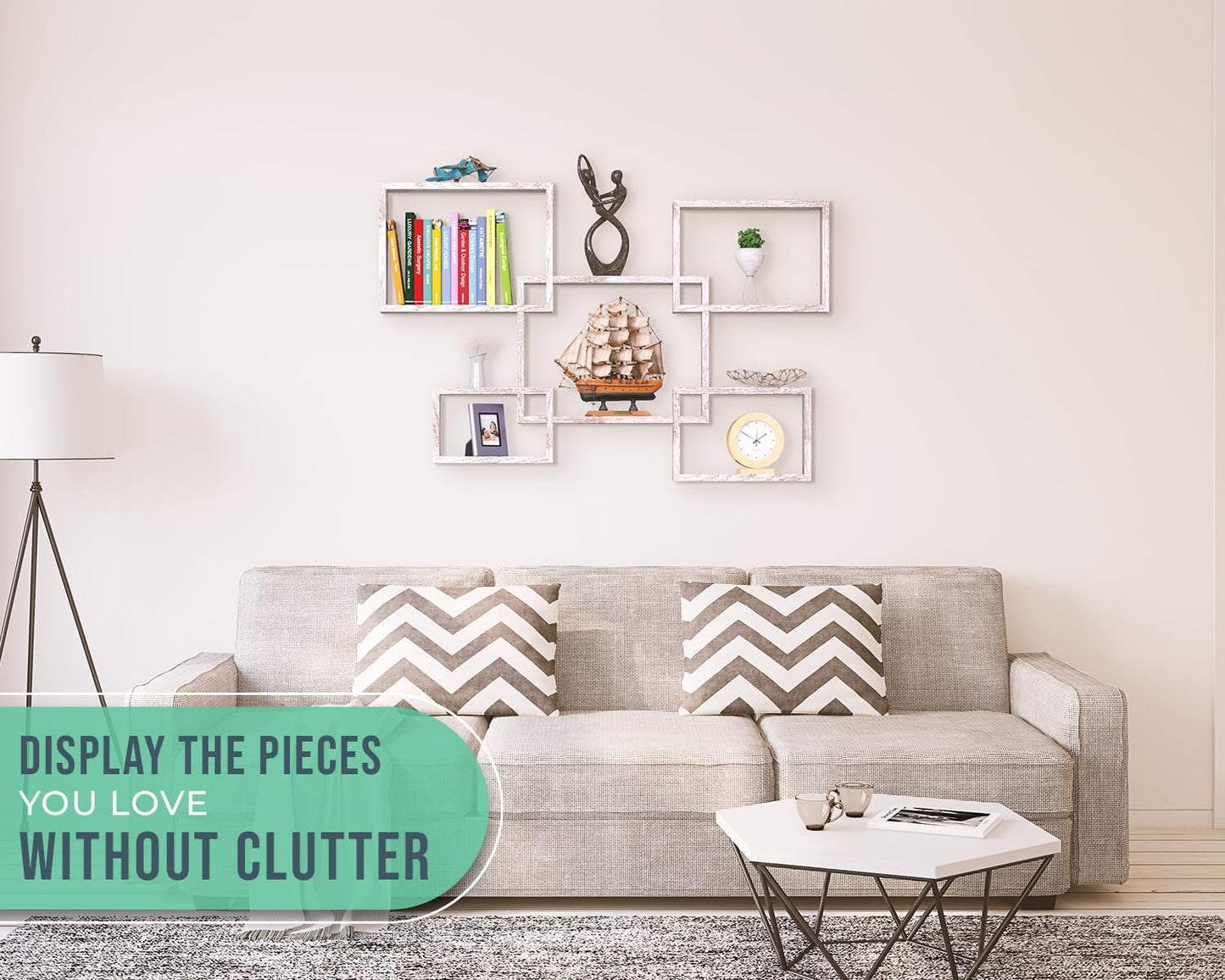 Comfify Rustic Wall Mounted Square Shaped Floating Shelves – Set of 5 Square Shelves for Bathroom, Bedroom, Living Room & More – Wall Decor Display for Home - Distressed White