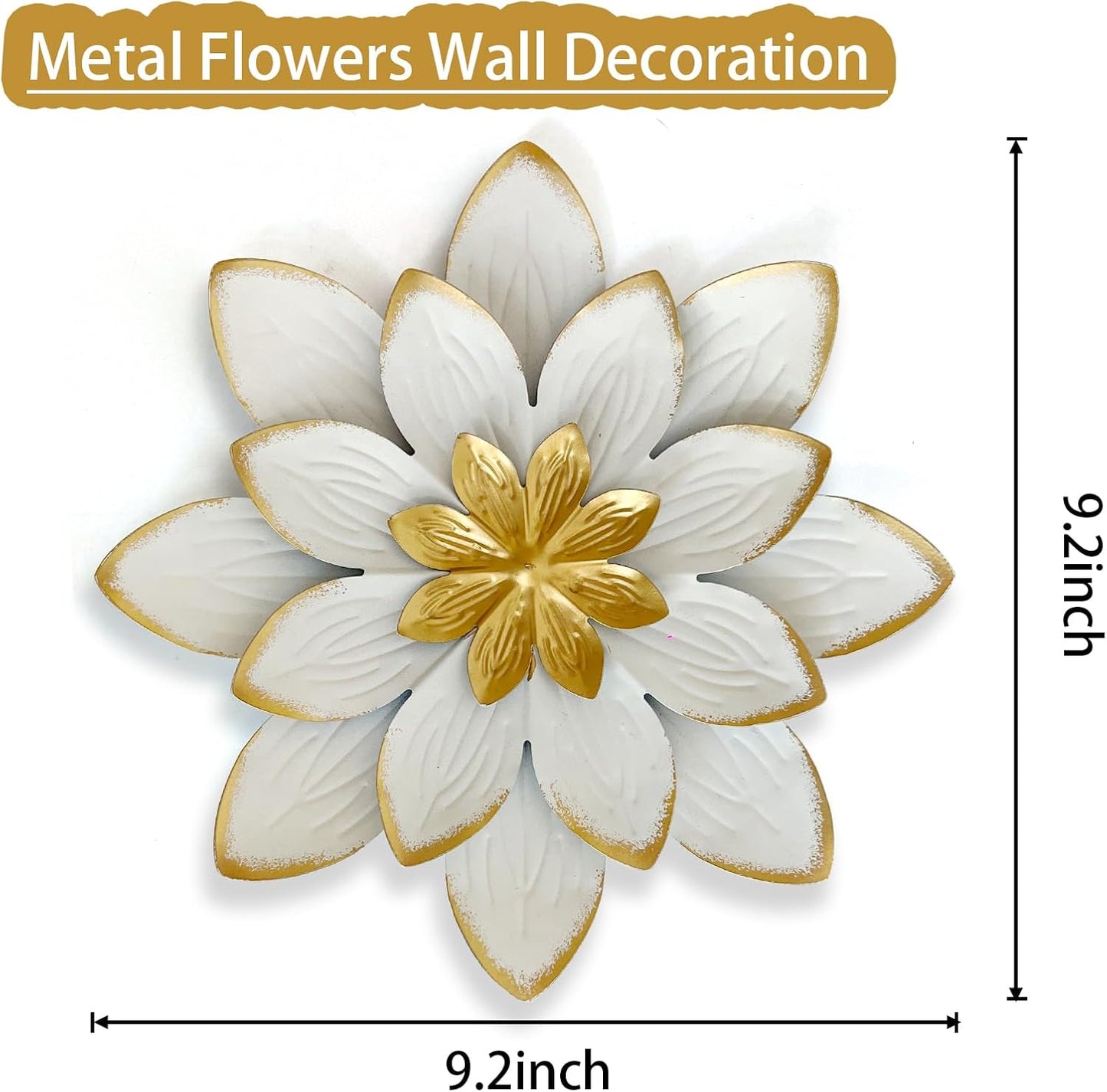 LIFFY 9.2“ White and Gold Metal Flower Wall Art, Modern Rustic Floral Decor for Indoor Living Room Bedroom Office Outdoor Garden Patio Yard