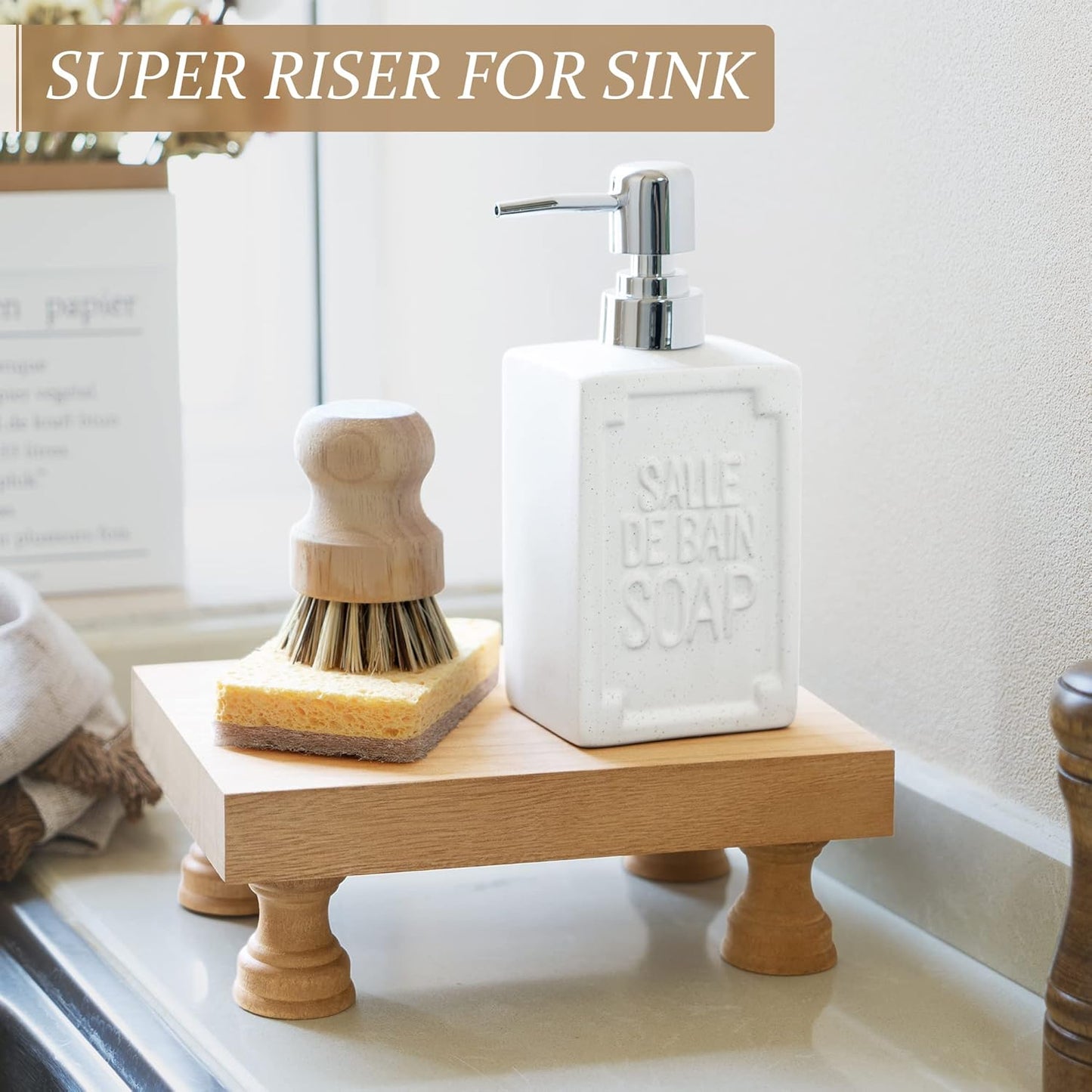 EOSAHR Modern Farmhouse Wood Riser for Display : Decorative Pedestal Stand for Home & Kitchen Decor and Retro Soap Stand for Sink - Rustic Bathroom Counter Tray and Countertop Organizer (Light Brown)