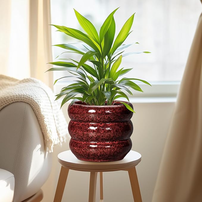 SQOWL Ceramic Flower Pots - 8 Inch Planter for Indoor Plants, Ceramic Plant Pot with Drainage Hole, Bubble Round Planter for Outdoor Plants, Office Home Desk Decor, House Warming Gifts, Red