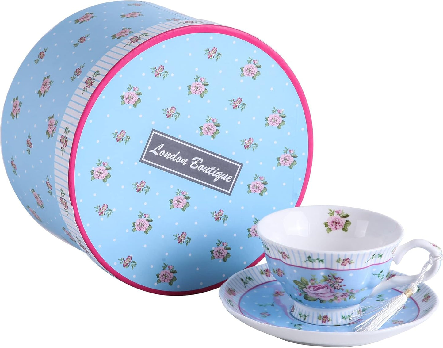 London Boutique Coffee Tea Cups and Saucers Set Afternoon Tea Vintage Flora Rose Gift Box 7.5oz (Rose Blue Set 1)