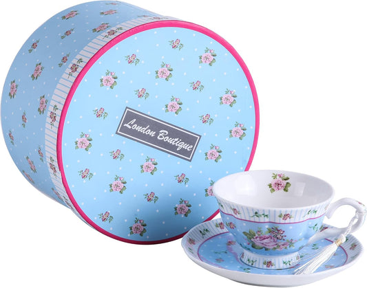 London Boutique Coffee Tea Cups and Saucers Set Afternoon Tea Vintage Flora Rose Gift Box 7.5oz (Rose Blue Set 1)