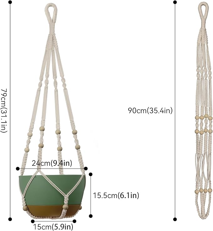 USLAI Macrame Plant Hanger Indoor Outdoor, Up to 4-15 inch Pot, Strong Hanging Planter Basket, Boho Home Decor, 35 Inch, Ivory (POTS NOT Included)