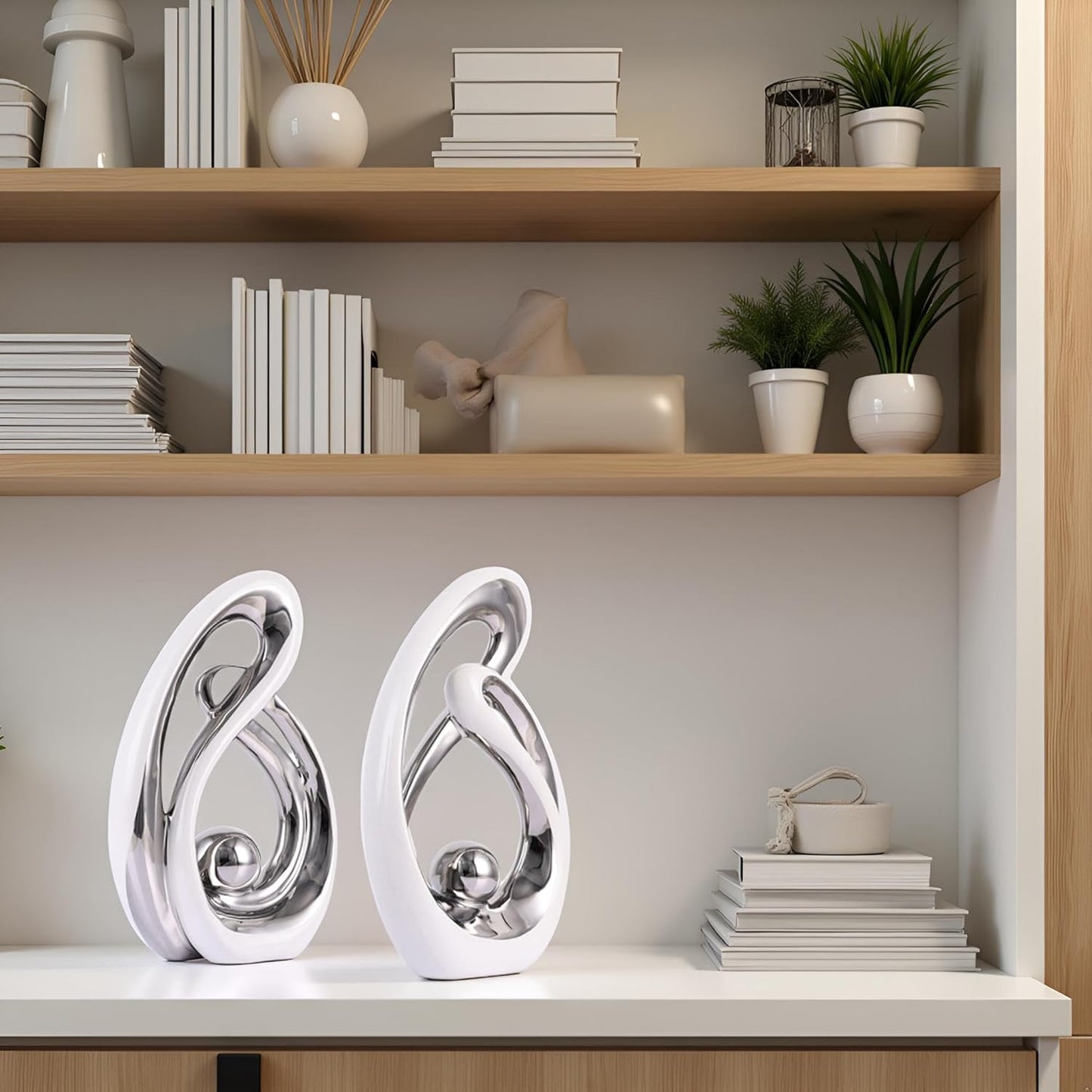 Home Decor Accent,Porcelain Art Mid Century Bookshelf Decorations,Gold Centerpieces for Tables,Abstract Ceramic Statue Sculpture for Coffee Table Mantel Tv Stand Centerpieces (White Silver, Small)