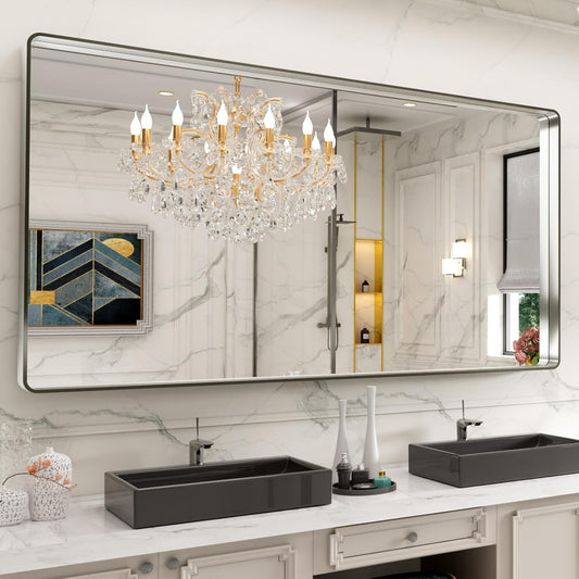 LOAAO 72X40 Inch Brushed Nickel Bathroom Mirror, Rounded Rectangle Silver Metal Frame Mirror, Brushed Nickel, Anti-Rust, Hangs Horizontally or Vertically