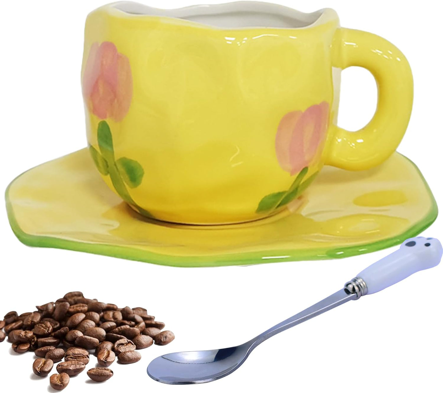 Coffee Mugs Set with Saucer Cute Yellow Tulip Cup Gifts Tea Coffee Mug 250 ML Ceramic Flowers Cup Birthday Gift for Women Girls Mom Friend Coffee Mug